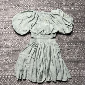Mable Puff Sleeve Tiered Mini Dress Size Small Sage Green Davina Shirring Detail